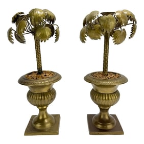 Pair of Vintage Brass Palm-Form Candlesticks in Classical Urn Stands