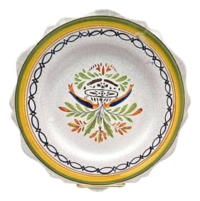 19th-Century French Provincial Faience Hand-Painted Scalloped Plate, Folk Bouquet