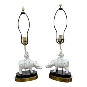 1920s Blanc De Chine Porcelain Figurine Lamps of a Boy and a Water Buffalo Pair