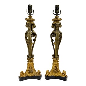 Neoclassical Parcel-Gilt and Patinated Bronze Tripod Zoomorphic Lamps C. 1900 Attributed to Edward F