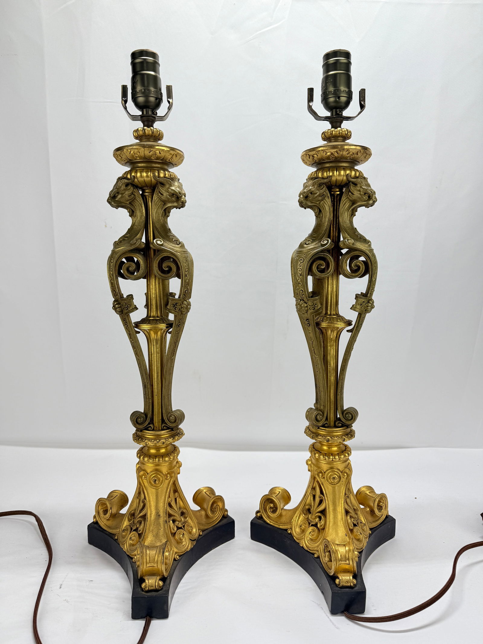 Neoclassical Parcel-Gilt and Patinated Bronze Tripod Zoomorphic Lamps C. 1900 Attributed to Edward F - 2