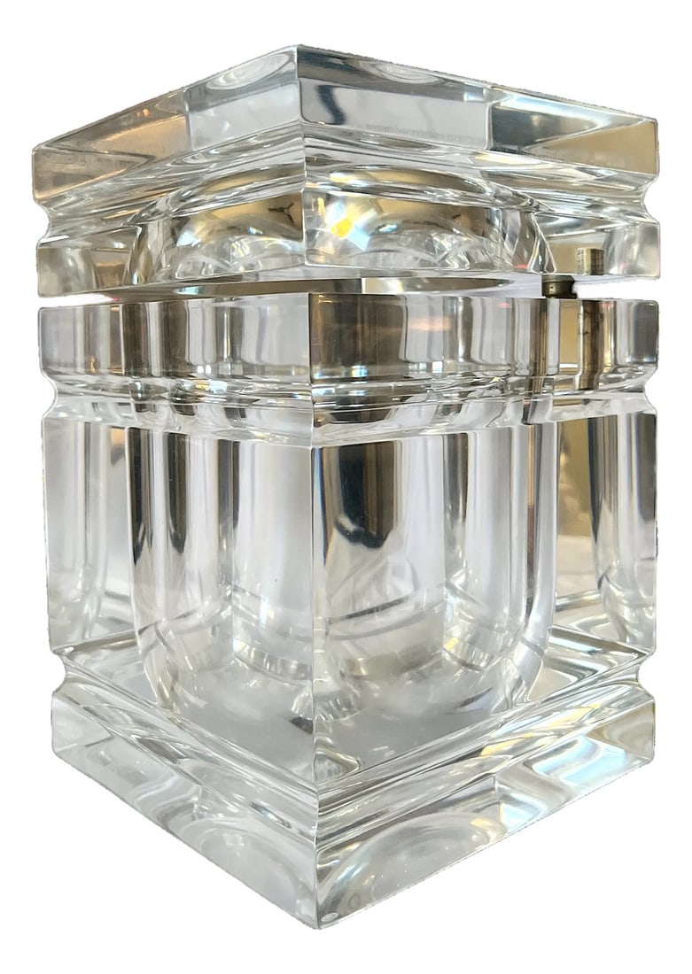 Large Vintage Lucite Ice Bucket With Swivel Lid, Attributed to Alessandro Albrizzi, Italy, C. 1970s: Sculptural and highly architectural vintage lucite ice bucket, attributed to Alessandro Albrizzi, featuring a substantial swivel lid and dramatic stepped cube form. This striking barware piece dates t