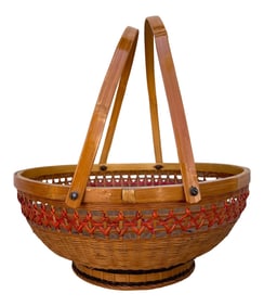 Vintage Asian Split Bamboo Woven Basket W/Long Handles