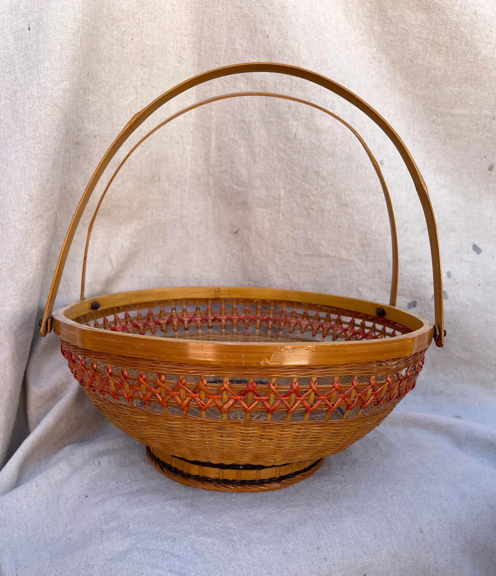 Vintage Asian Split Bamboo Woven Basket W/Long Handles - 2