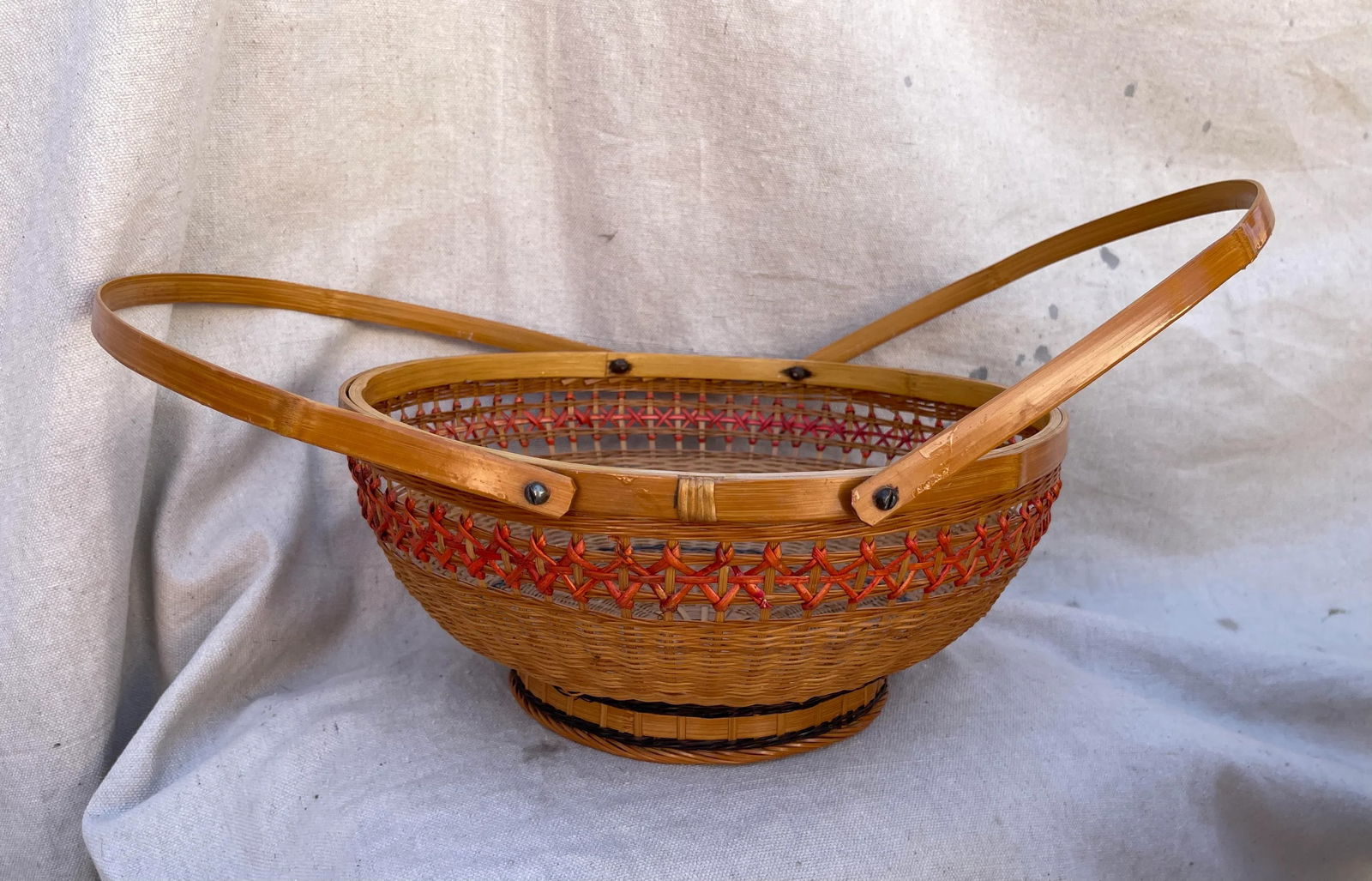 Vintage Asian Split Bamboo Woven Basket W/Long Handles - 4