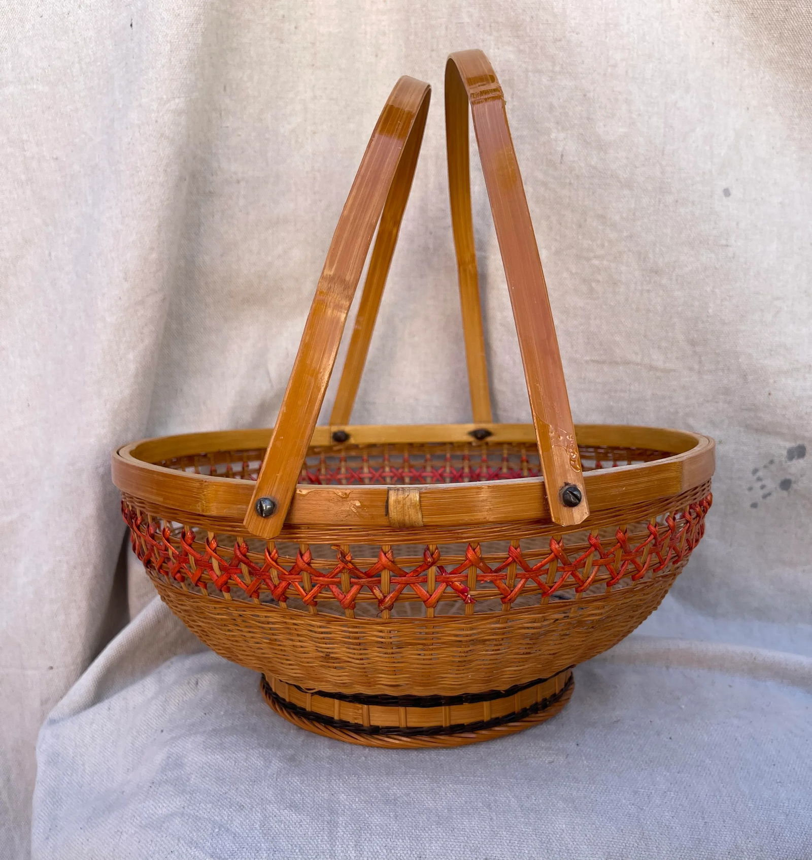 Vintage Asian Split Bamboo Woven Basket W/Long Handles - 7