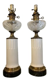 Vintage White Column With Brass & Black Marble Base Lamps - A Pair