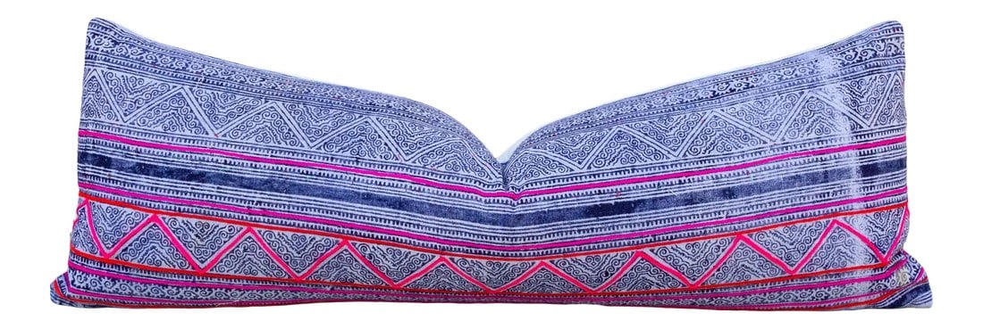 Lisu Hamong Batik Lumbar Pillow: Magnificent long lumbar pillow made from a wonderful batik fabric. This pillow has a striped rich indigo textile front with a fuchsia trim and geometric designs. The backing is solid fine ivory linen