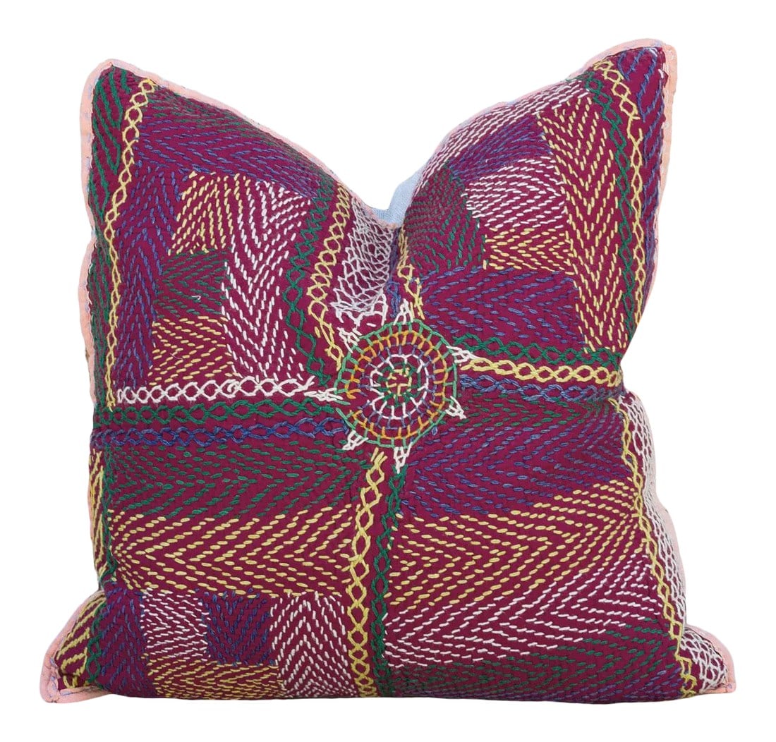 Lilac Sindh Sami Square Pillow: Quilted by the gypsy woman of the Saami community often reusing fabrics from clothing. This antique tribal pillow feature a fabric with intricate lines and distinctive stripped & chevron patterns. The