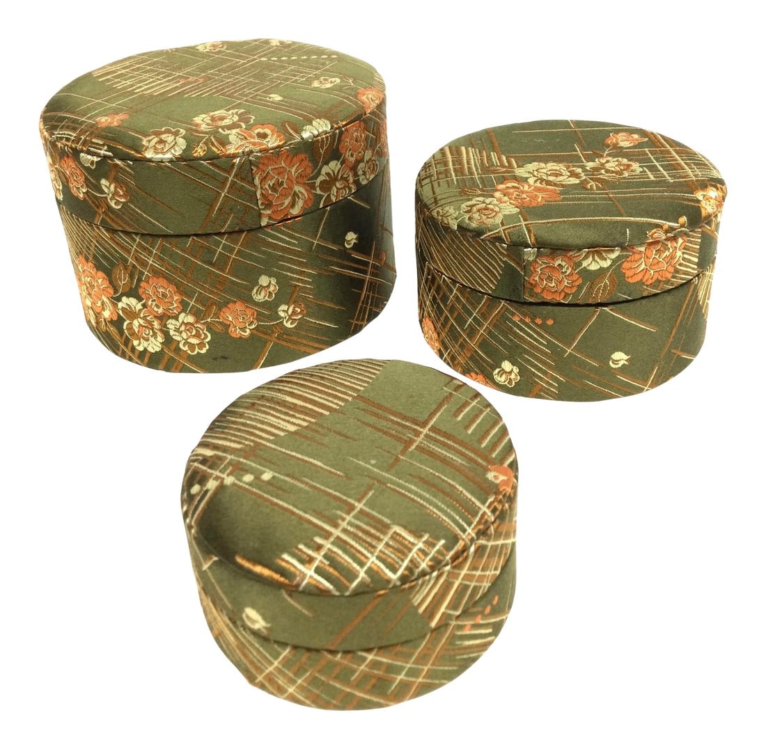 Vintage Pure Silk Round Nesting Trinket Containers: Absolutely gorgeous silk hand woven jacquard fabric has been formed around little covered containers. These are a set of three which perfectly fit inside of each other. In perfect condition, they have