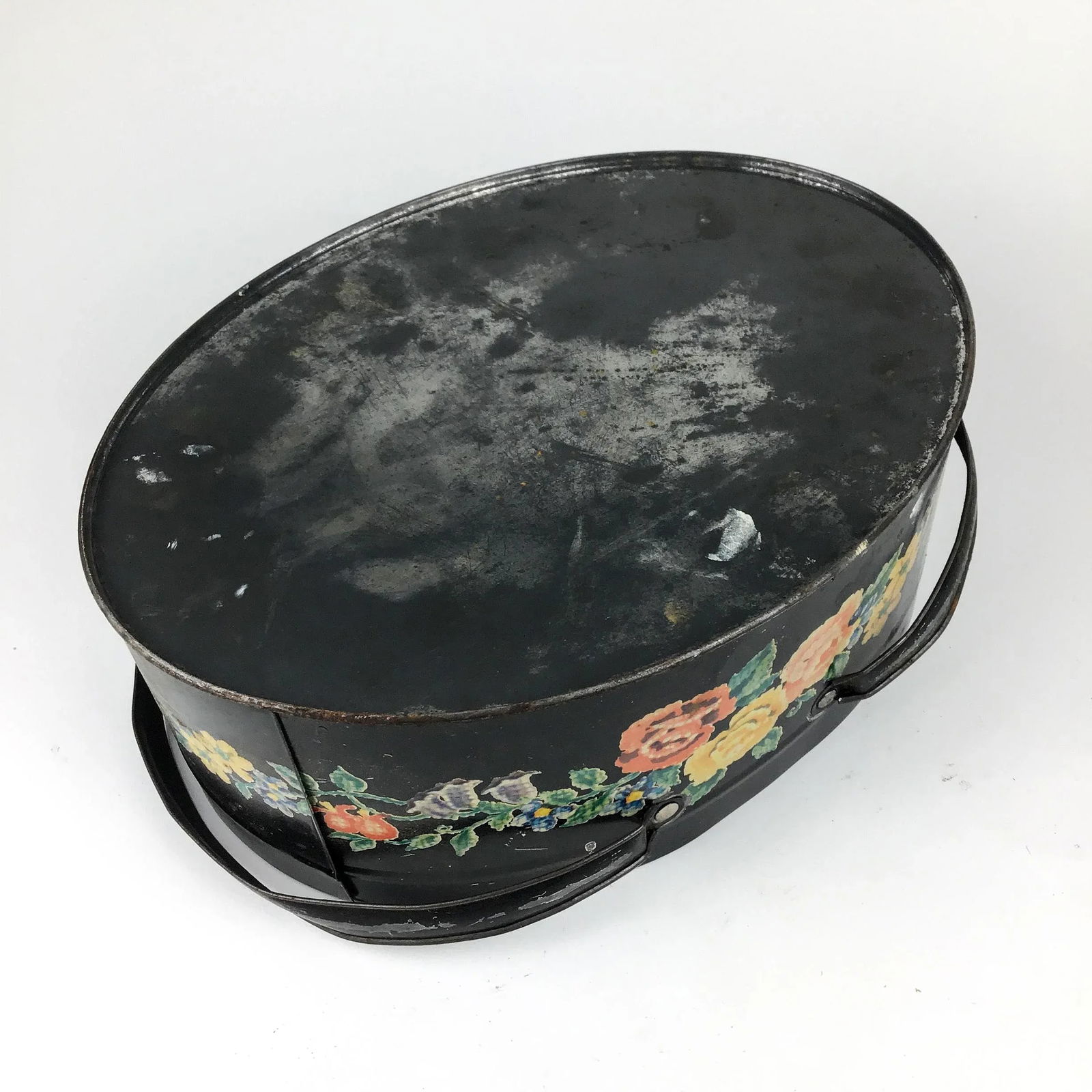 Antique Toile Transfer-Ware Covered Tin Basket - 12