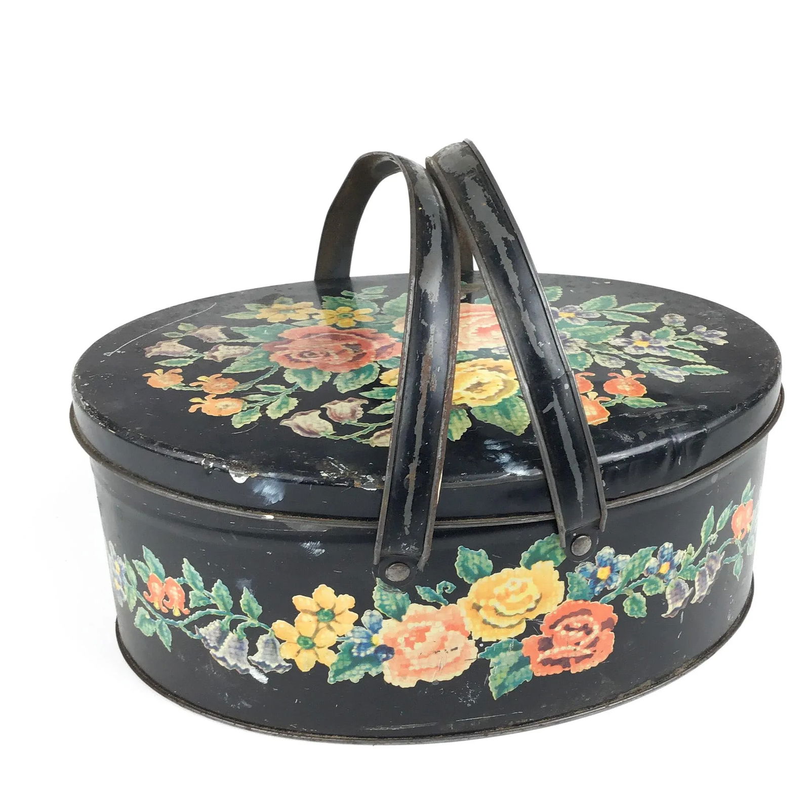 Antique Toile Transfer-Ware Covered Tin Basket - 13