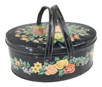 Antique Toile Transfer-Ware Covered Tin Basket