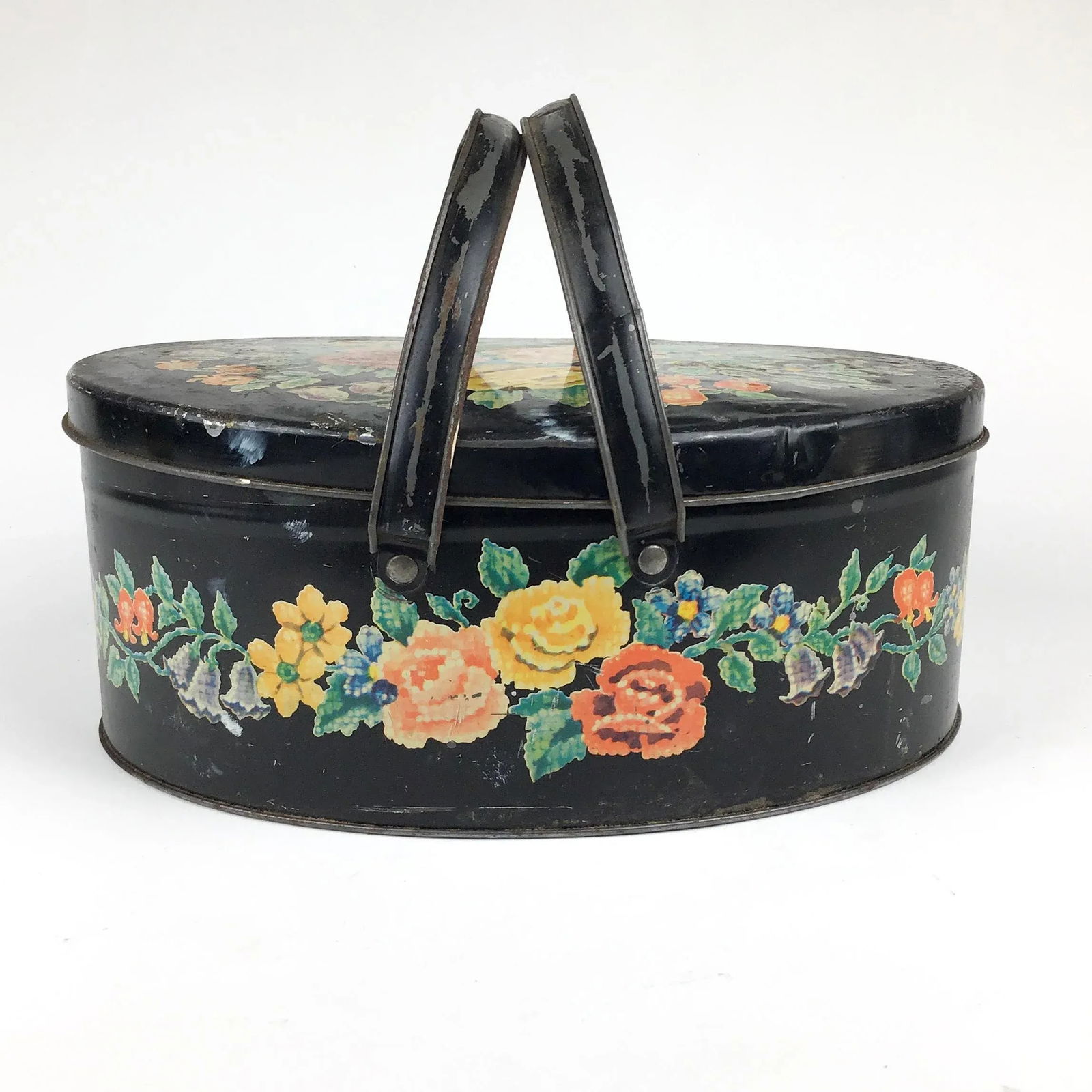 Antique Toile Transfer-Ware Covered Tin Basket - 7