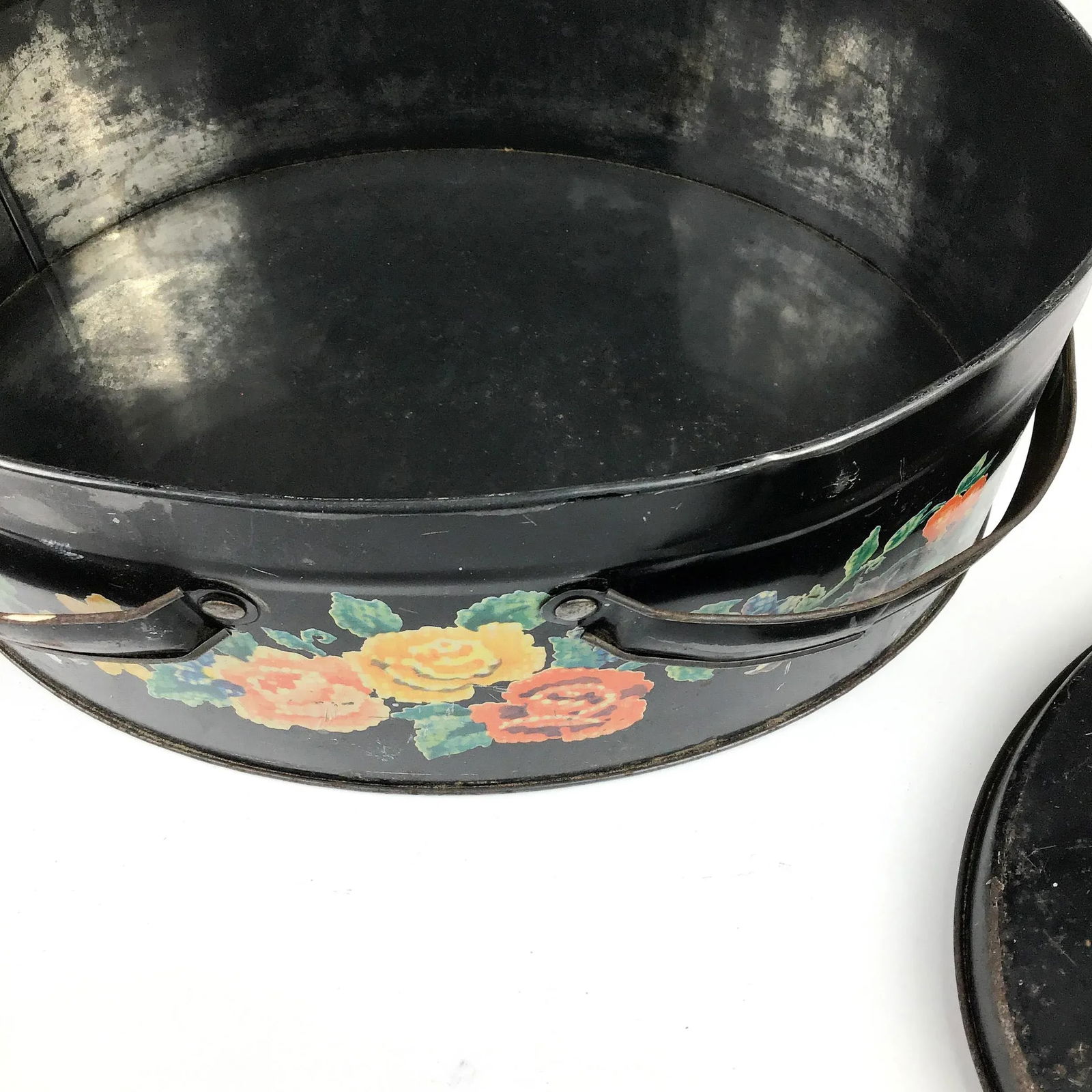 Antique Toile Transfer-Ware Covered Tin Basket - 9