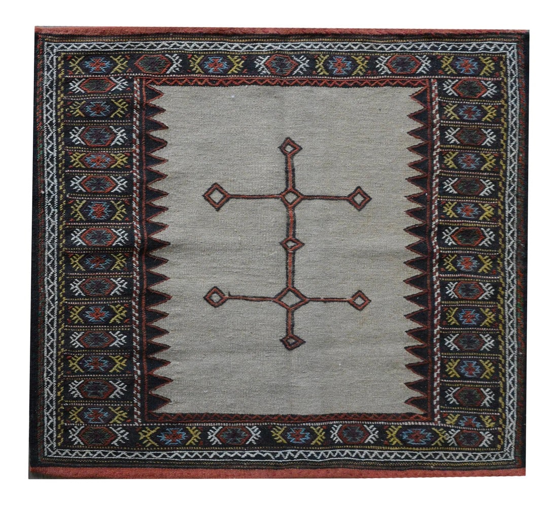 Vintage Persian Afshar Sofreh Rug: A wonderful vintage Persian Afshar Sofreh rug woven with a simple geometric patterned medallion against a solid gray field and surrounded by a beautiful geometric patterned border woven in bright