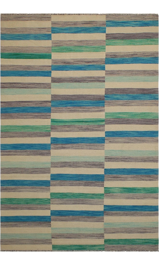 Boho Chic Kilim Blue Beige Wool Rug - 6'5" X 9'7": Add a touch of elegance to your home with this casual chic hand woven Tribal Kilim wool rug. Constructed on a loom by Nomad Turkman people with hand spun wool and 100% Natural Vegetable dyes these