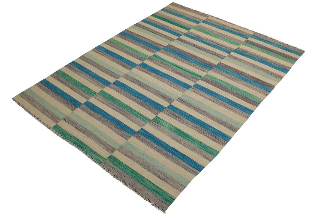 Boho Chic Kilim Blue Beige Wool Rug - 6'5" X 9'7" - 2