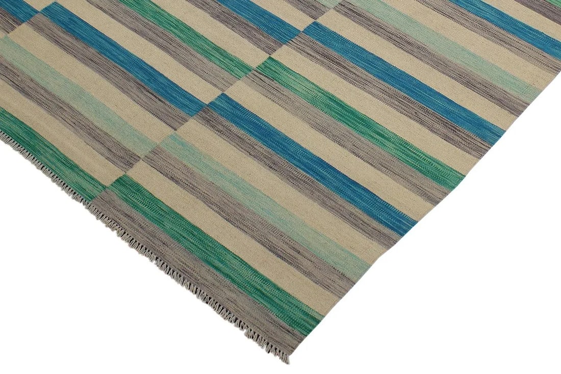Boho Chic Kilim Blue Beige Wool Rug - 6'5" X 9'7" - 3