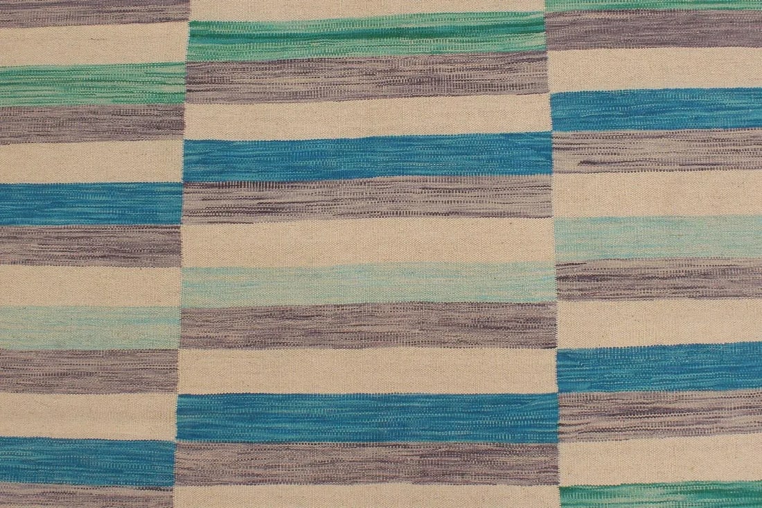 Boho Chic Kilim Blue Beige Wool Rug - 6'5" X 9'7" - 4