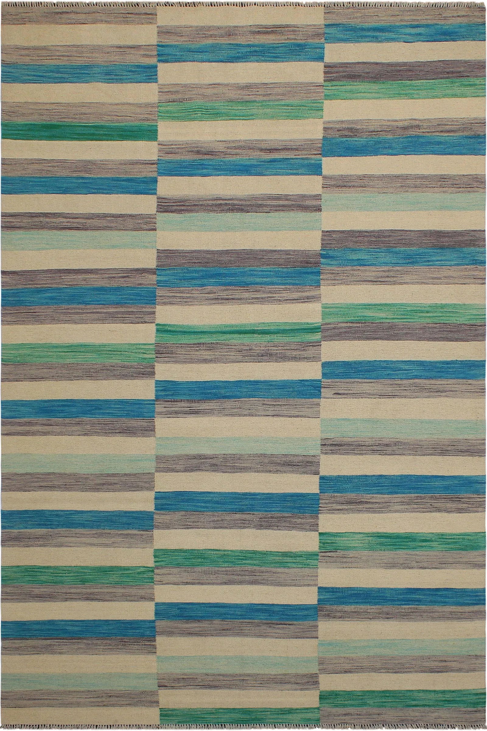 Boho Chic Kilim Blue Beige Wool Rug - 6'5" X 9'7" - 8