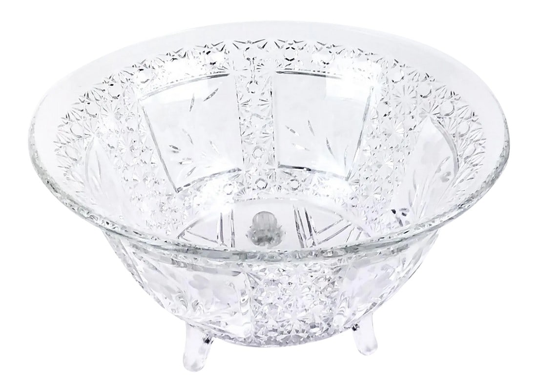 Vintage Cut Glass Large Size Fruit Bowl: Intricate design with nice classic style. Tripod legs add a touch of elegance to this large bowl. No chips anywhere or repairs. Probably from the 60s, it does have some bubbles from the production whi