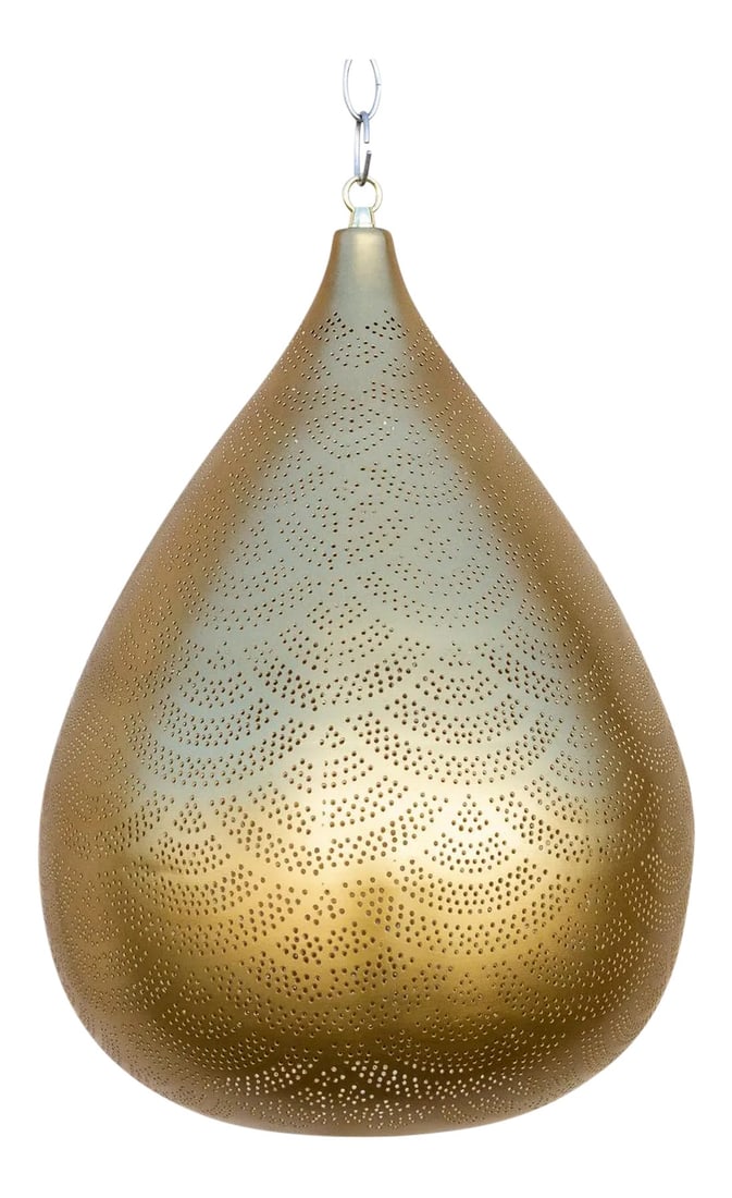 Gold Filigree Lucknow Pear Pendant Lantern: Stunning lantern inspired by Moorish designs. This pendant features pierced foliate see-through work which is all hand-chiseled. This lantern is hand-crafted in Lucknow from solid metal with a hand-ru