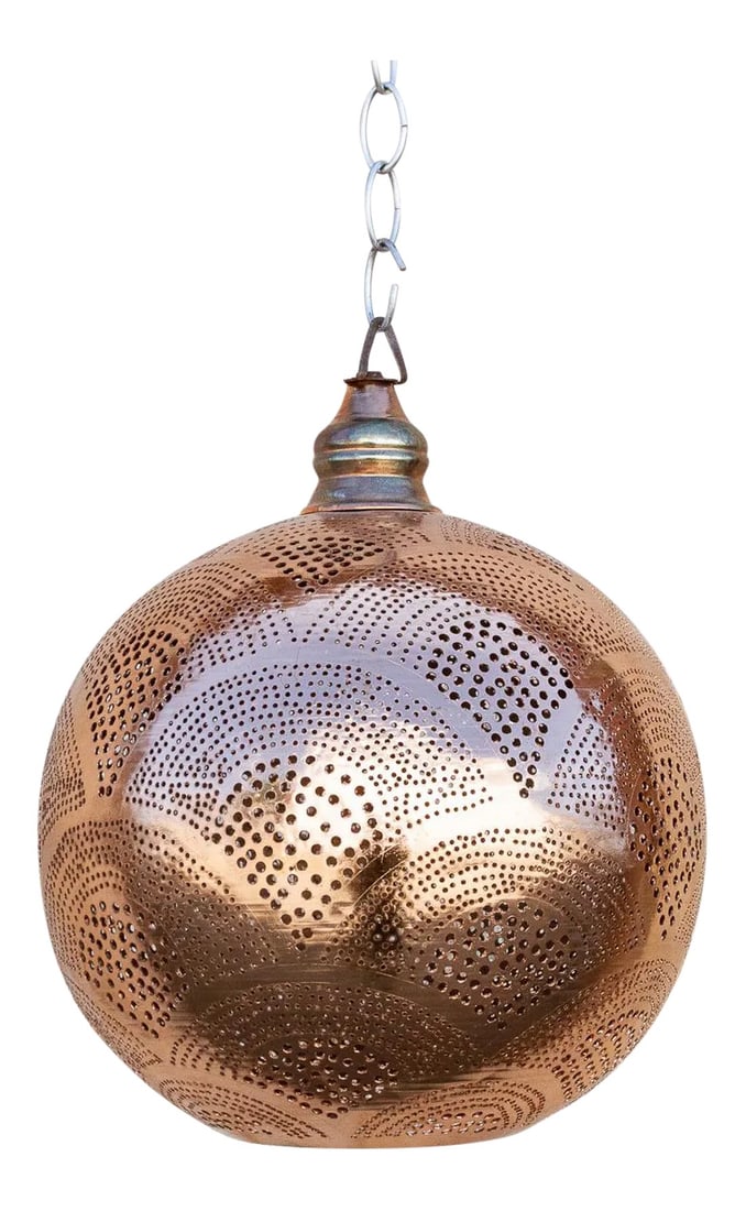 Amat Moorish Sphere Pendant Lantern: A delicately perforated Moorish pendant lantern. This pendant features pierced foliate see-through work which is all done by hand. When wired for light this lantern features open lattice geometric wor