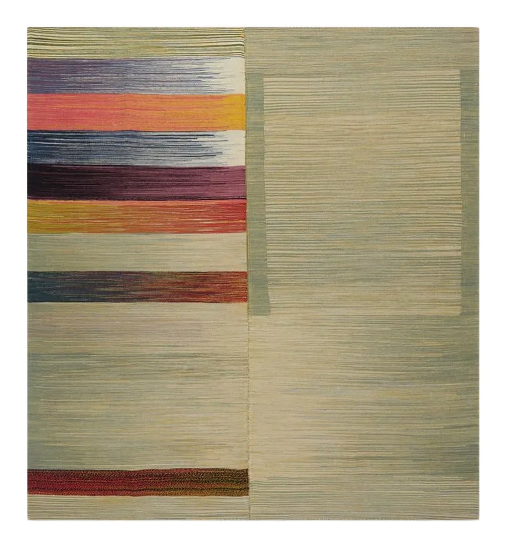 Handwoven Scandinavian Style Persian Area Rug 6'1" X 6'8": This remarkable contemporary Scandinavian Style Kilim area rug features a dramatic pop of electrifying colors in a playfully rich design. The innovative modern use of colors certainly brings a