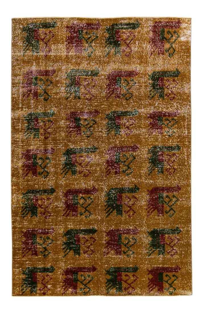 Vintage Turkish Deco Handmade Golden Tan Distressed Wool Rug (1 of 9)