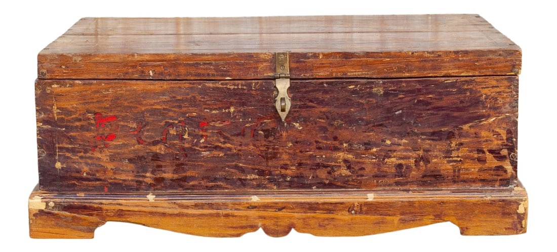 19th Century Indo-Portuguese Goa Painted Trunk: This 19th century Portuguese colonial trunk is made of solid teak wood and preserves traces of original painted finish. Originally found in Goa, this handsome trunk has scalloped apron, brass hardware