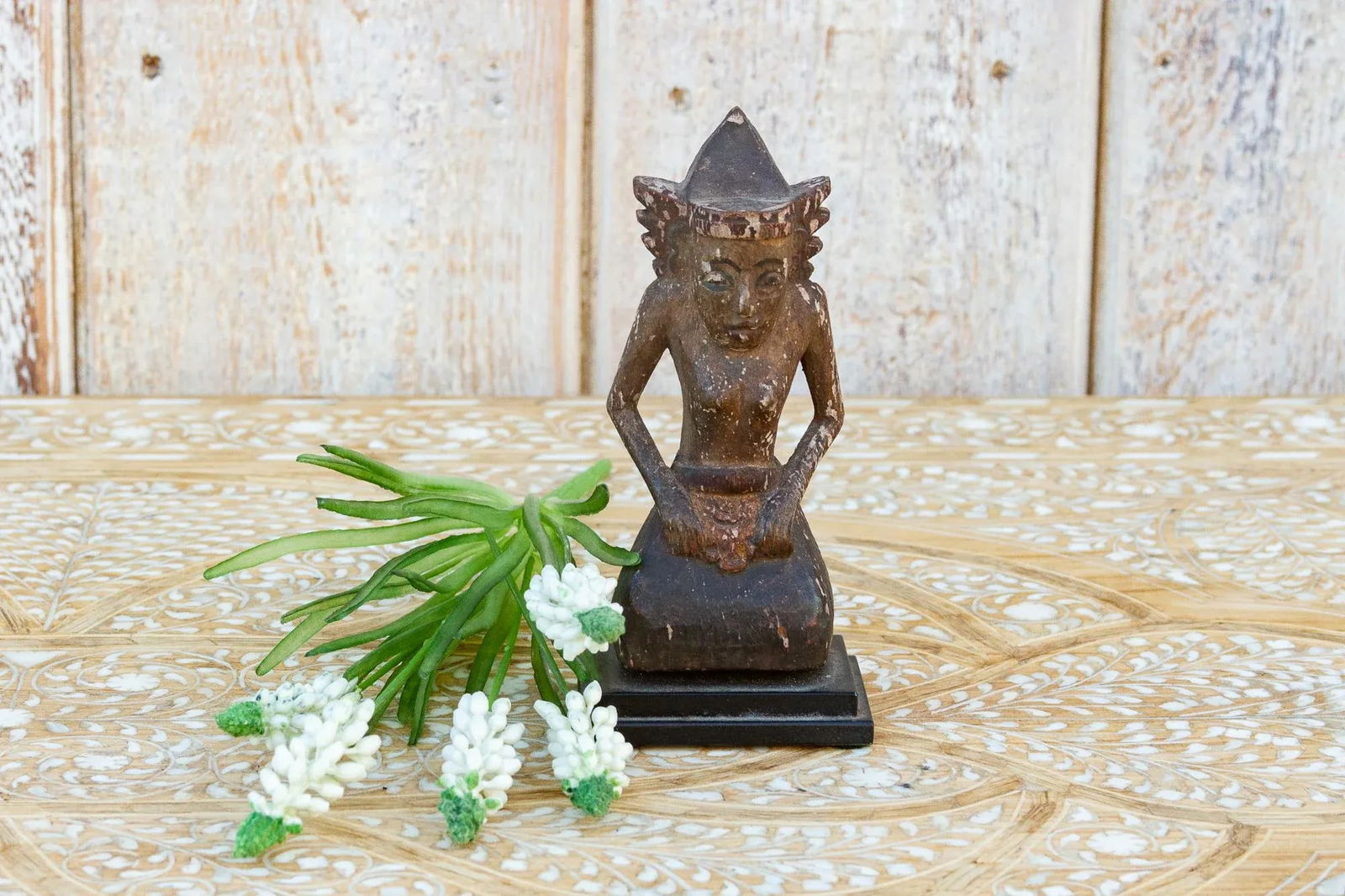 Antique Carved & Painted Balinese Praying Figurine - 2