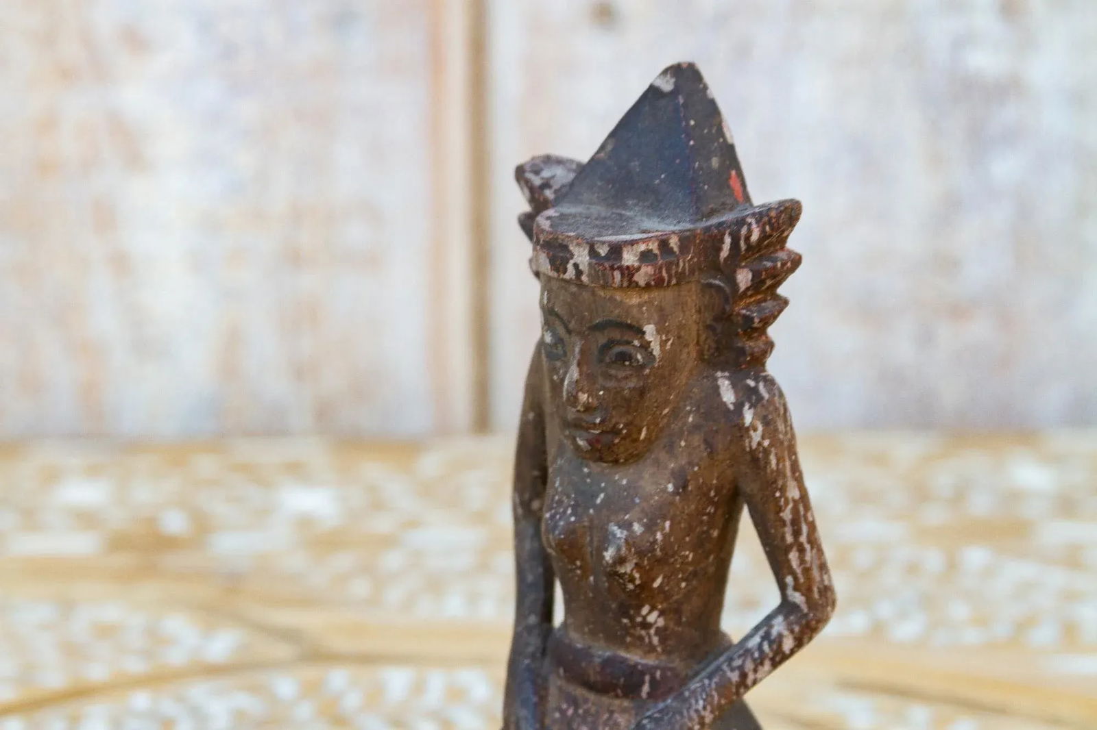 Antique Carved & Painted Balinese Praying Figurine - 3