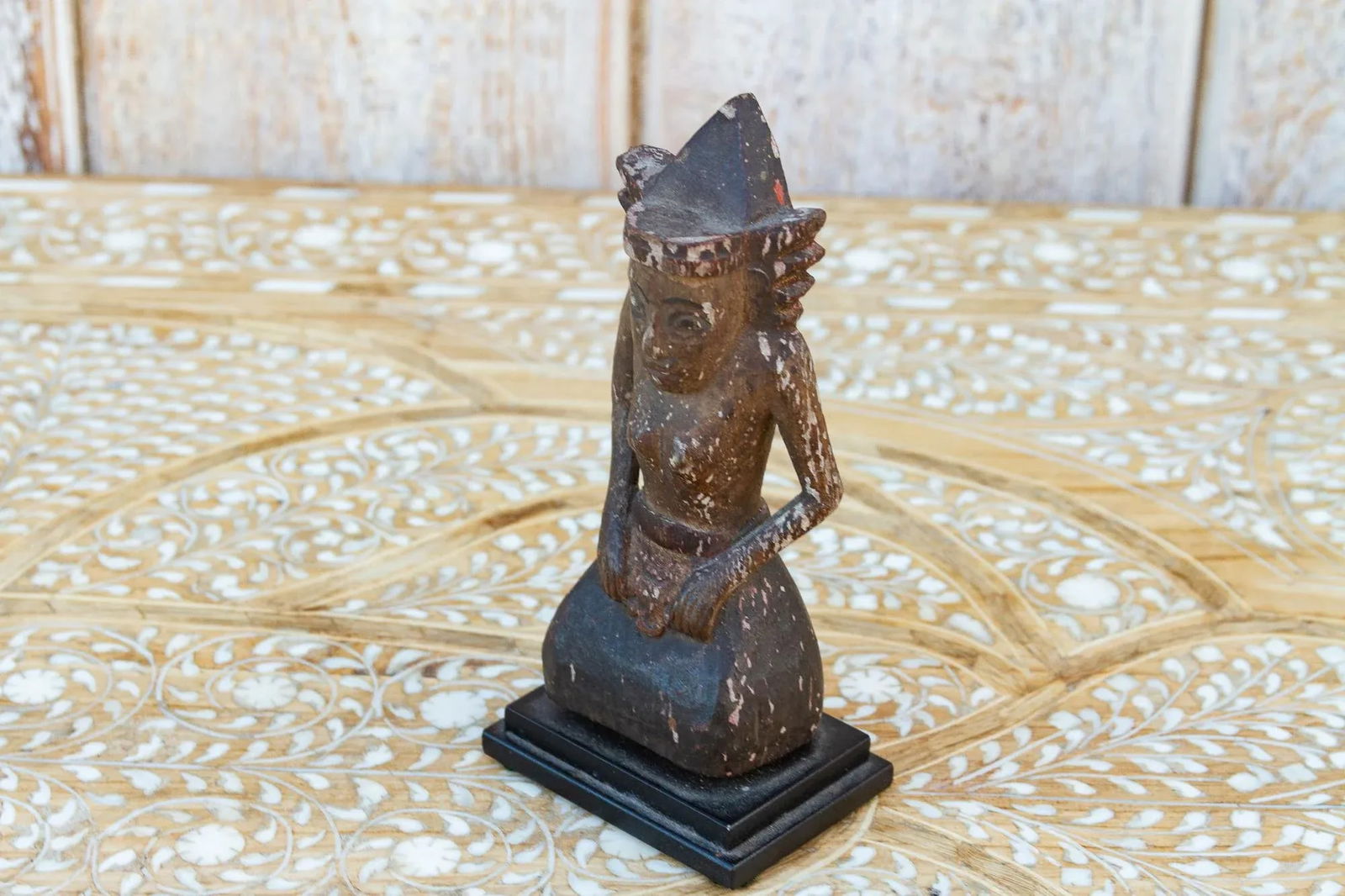 Antique Carved & Painted Balinese Praying Figurine - 5