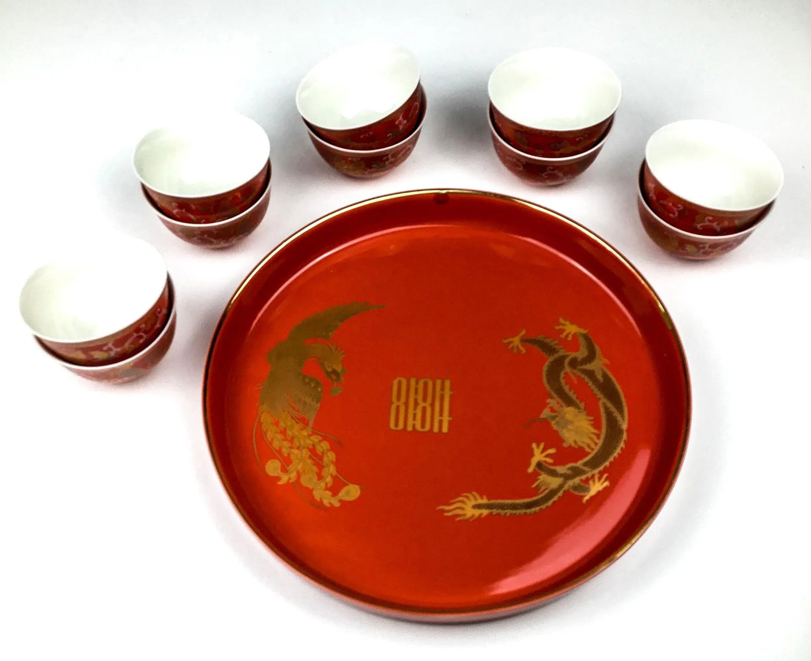 Vintage Arita Japanese Cinnabar Red and Gold Overlay Porcelain Wedding Tea Set - 13