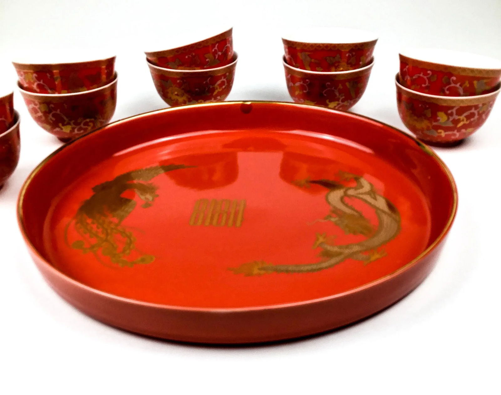 Vintage Arita Japanese Cinnabar Red and Gold Overlay Porcelain Wedding Tea Set - 2