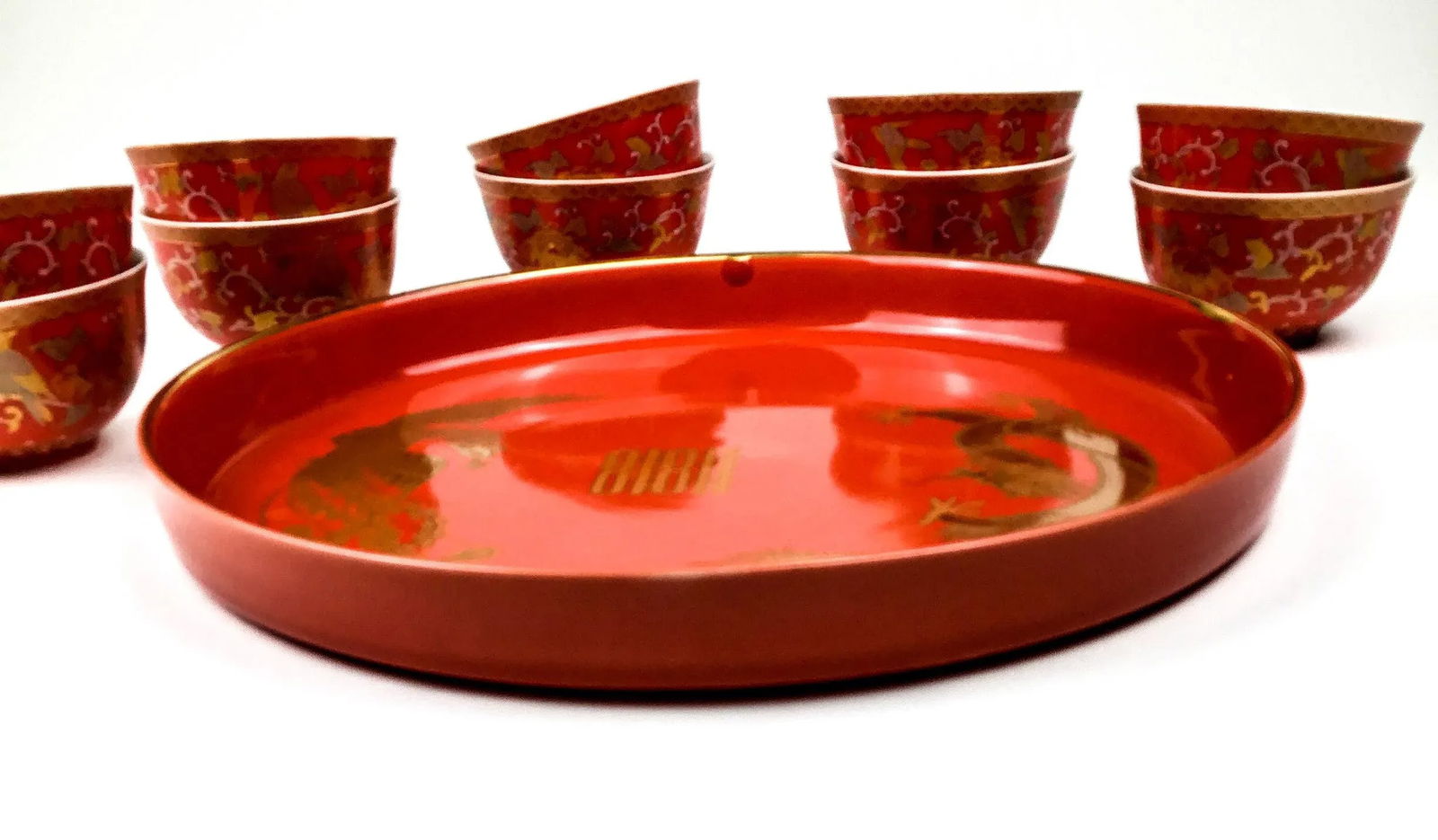 Vintage Arita Japanese Cinnabar Red and Gold Overlay Porcelain Wedding Tea Set - 5