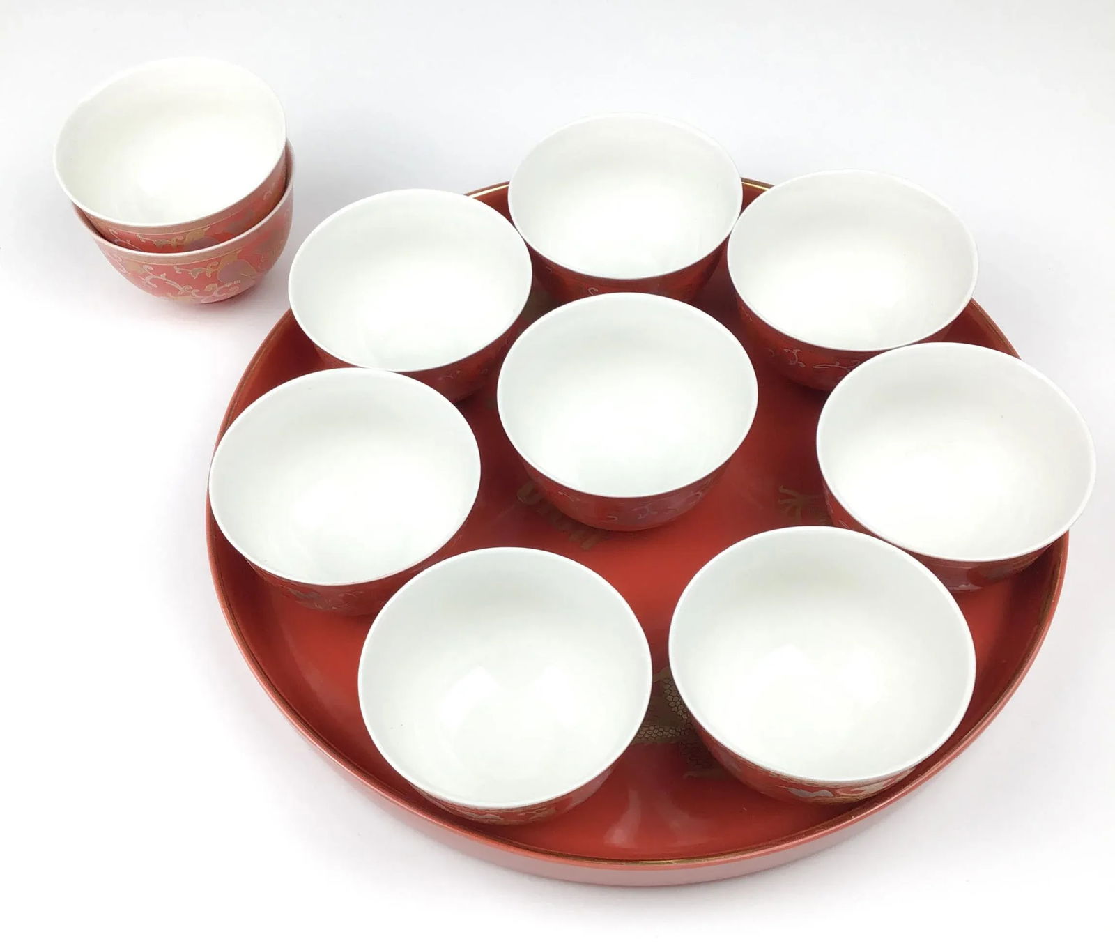 Vintage Arita Japanese Cinnabar Red and Gold Overlay Porcelain Wedding Tea Set - 6