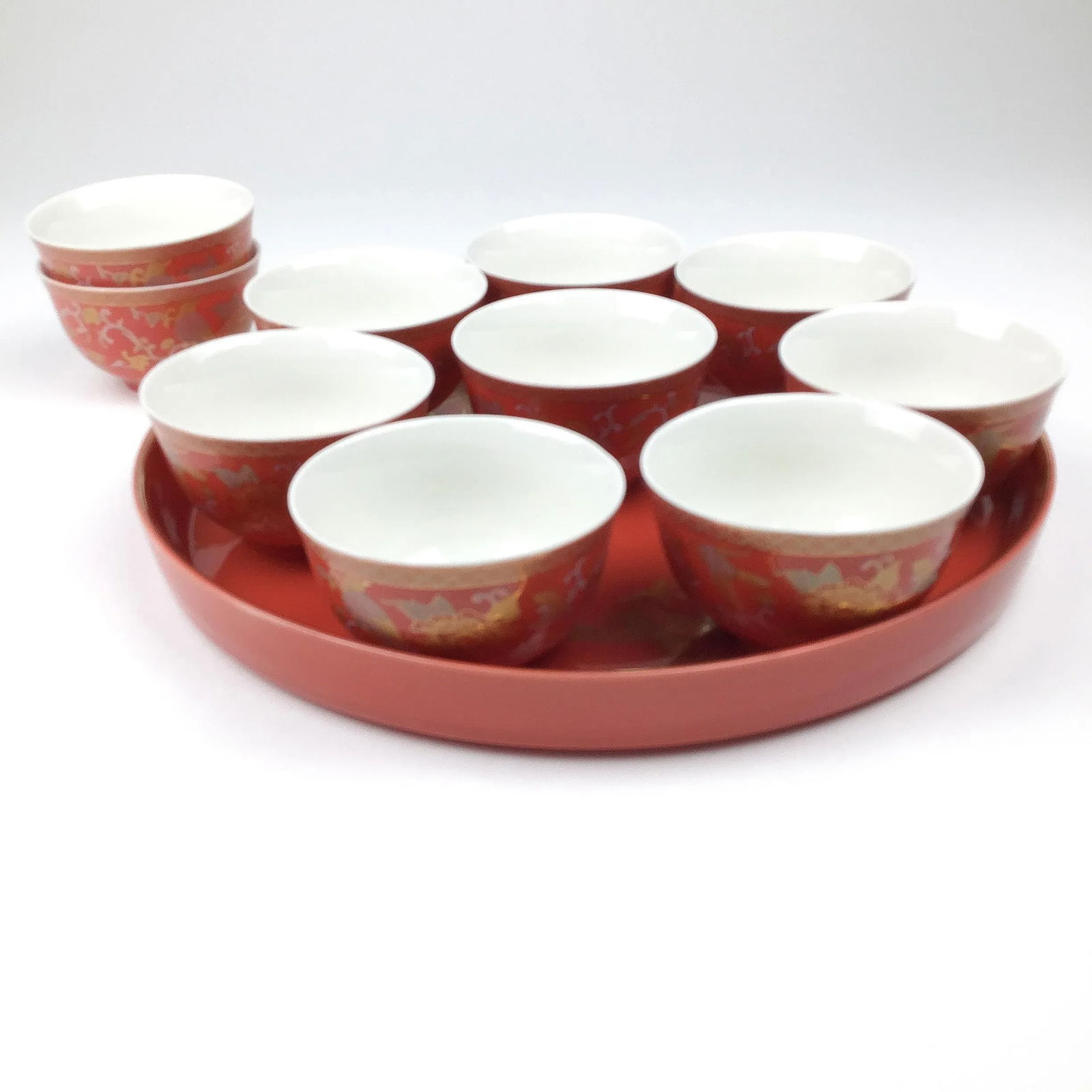Vintage Arita Japanese Cinnabar Red and Gold Overlay Porcelain Wedding Tea Set - 7