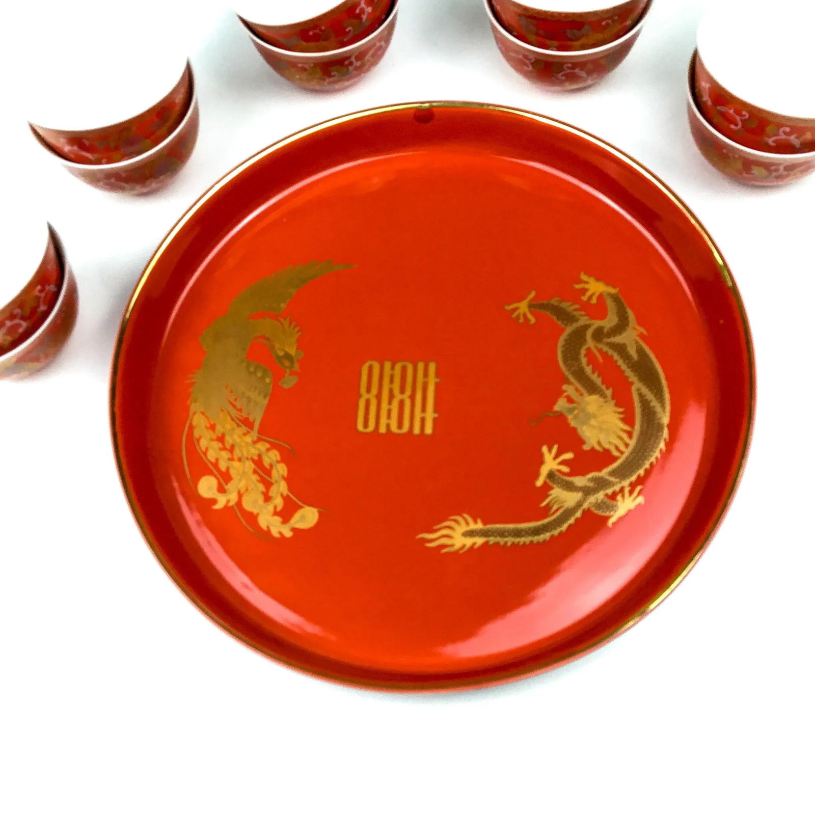 Vintage Arita Japanese Cinnabar Red and Gold Overlay Porcelain Wedding Tea Set - 8