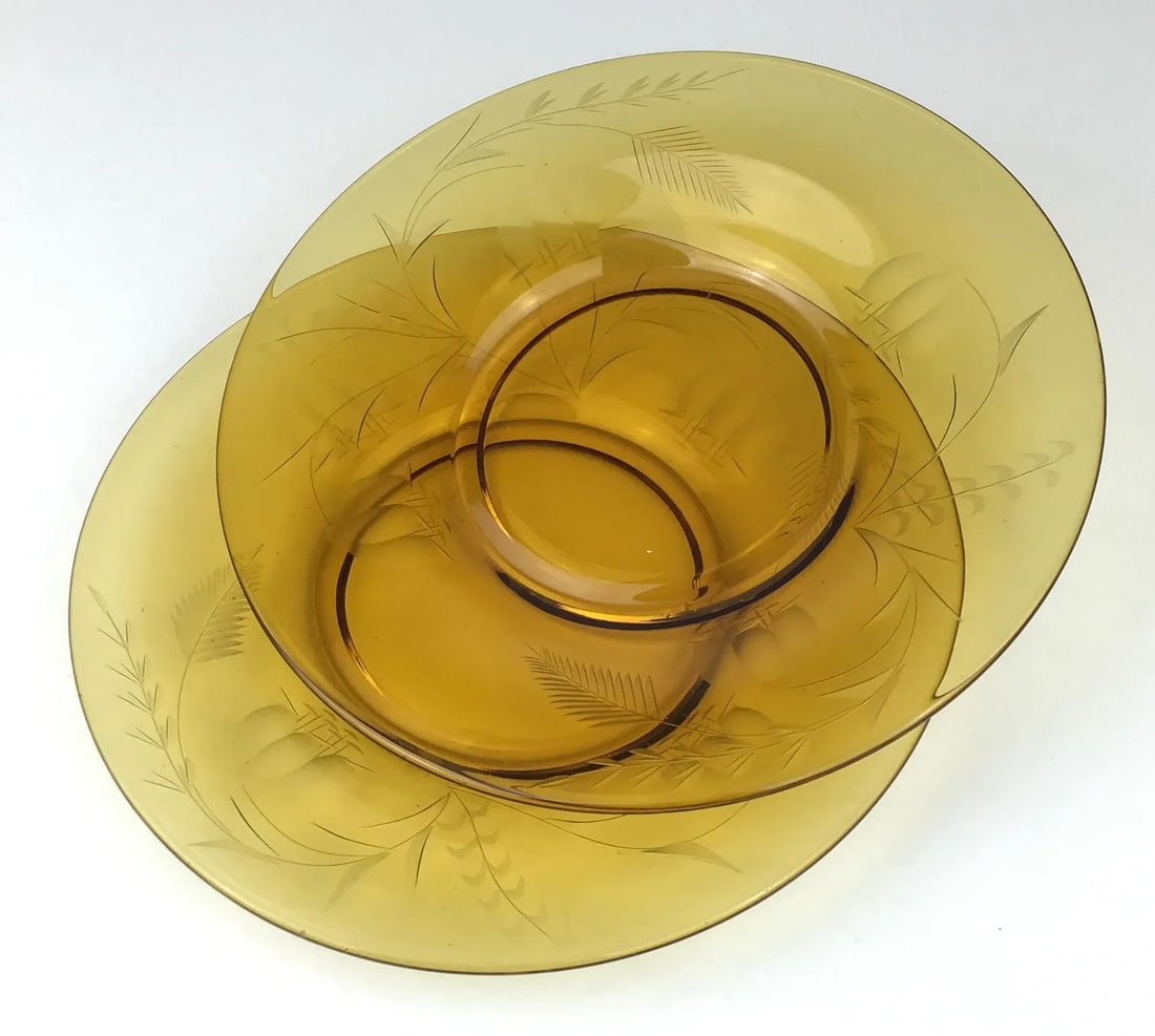 Amber Cut Glass Small Plates Vintage - a Pair - 12