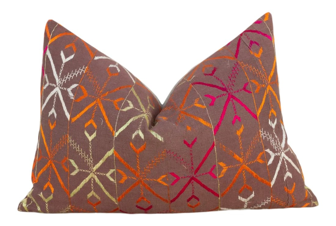 Anya Antique Indian Folk Lumbar Pillow: This colorful and luxurious Bagh Phulkari pillow features beautiful hand-done silk embroidery on top of a cotton fabric. Phulkari means "flower work" and is very descriptive of this vibrant, delicate