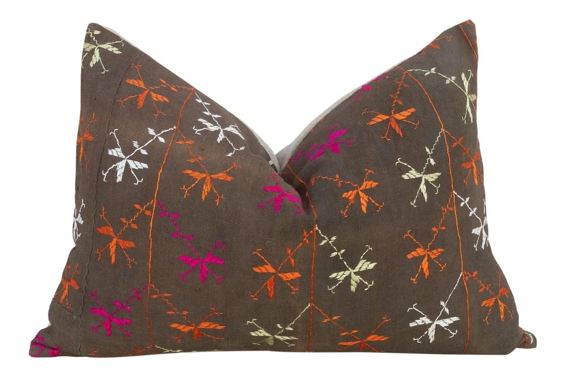 Asvi Antique Indian Folk Lumbar Pillow: This colorful and luxurious Bagh Phulkari pillow features beautiful hand-done silk embroidery on top of a cotton fabric. Phulkari means "flower work" and is very descriptive of this vibrant, delicate