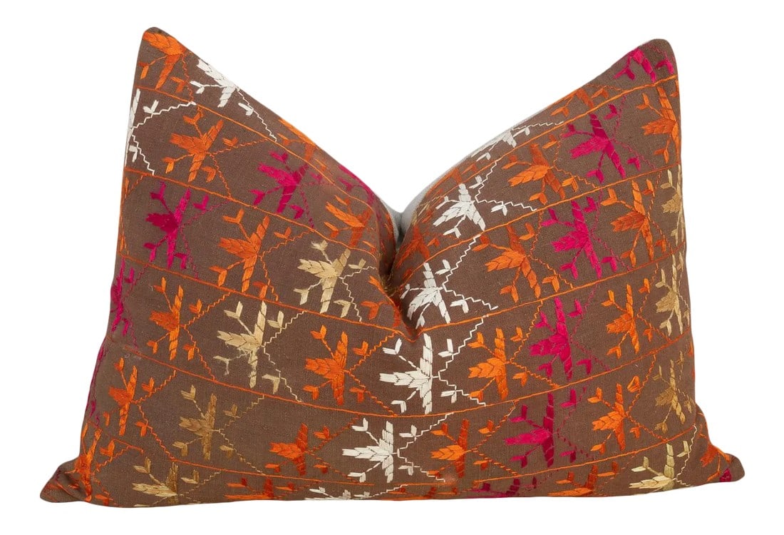 Anshi Antique Indian Folk Lumbar Pillow: This colorful and luxurious Bagh Phulkari pillow features beautiful hand-done silk embroidery on top of a cotton fabric. Phulkari means "flower work" and is very descriptive of this vibrant, delicate