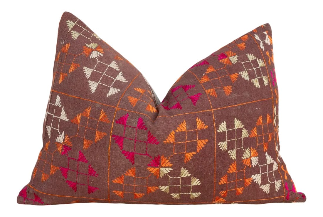 Mia Antique Indian Folk Lumbar Pillow: This colorful and luxurious Bagh Phulkari pillow features beautiful hand-done silk embroidery on top of a cotton fabric. Phulkari means "flower work" and is very descriptive of this vibrant, delicate