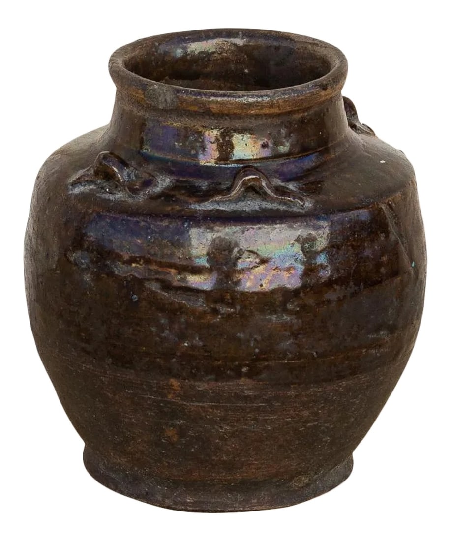 Dark Brown Southeast Asian Martaban Pot: A beautiful antique Southeast Asian martaban vase that is small in proportions and has a dark brown glaze finish and four ring handles. Has some small chips but in overall good condition. **Please bea