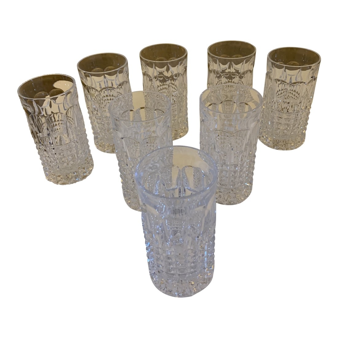 1970s Gorham Fairfax Crystal Highball Glasses- Set of 8: Set of 8 Tall beverage glasses. Heavy Rock Crystal glasses by Gorham each weighing over 1 lb. The Fairfax glasses have a double Diamond pattern 3" tall starting from the bottom and then a thumbprint