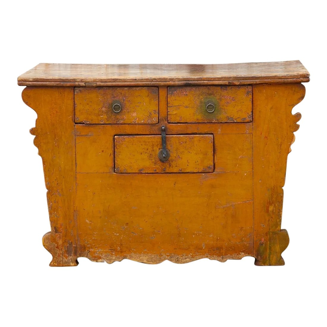Antique Ming Style Yellow Money Chest: A turmeric yellow Chinese altarr dresser with three drawers. This antique money chest has shaped scalloped edges and apron. This antique stunning Chinese cabinet has its original yellow painted