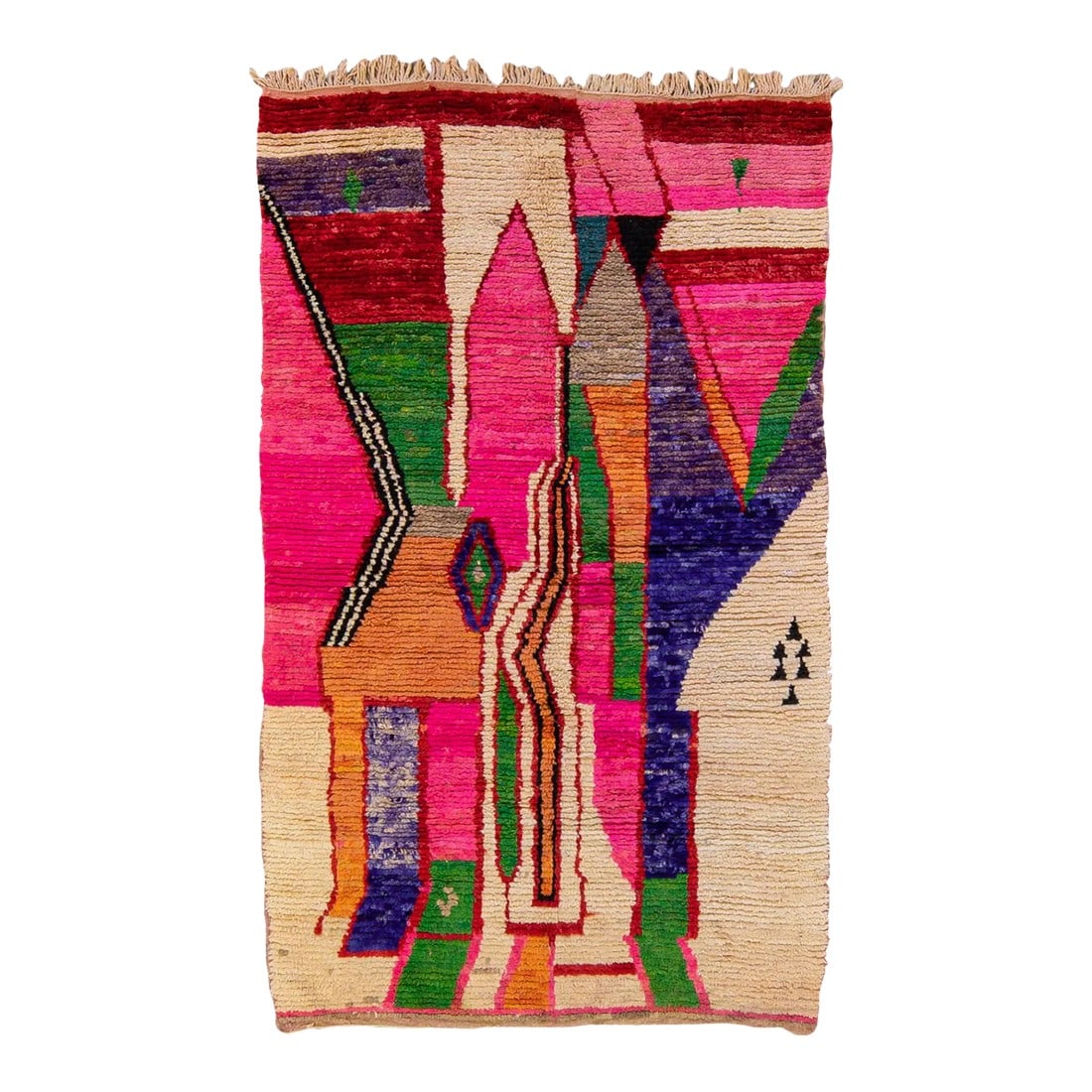 Vintage Berber Beni Ourain Moroccan Multicolor Abstract Design Wool Rug: Beautiful vintage Beni Ourain Moroccan handmade wool rug. This full-of-art Moroccan rug has an abstract pattern with a multi-color field and accent in a gorgeous all-over Moroccan folklore design. 