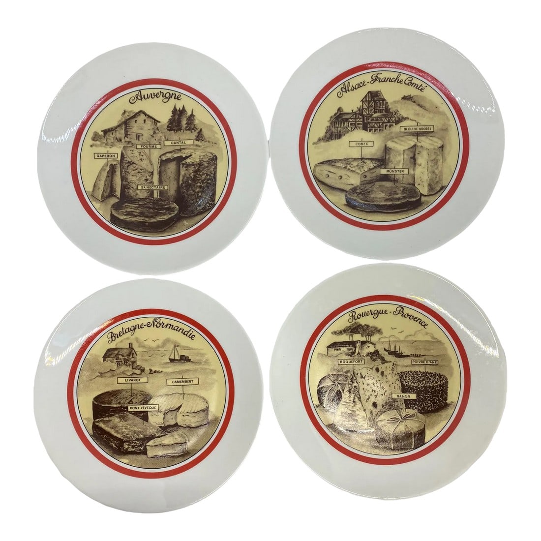 Vintage French Apilco Porcelaine Cheese Plates - Set of 4: Beautiful Set of Four French Apilco Porcelaine Cheese Plates. This Set is in excellent condition with no chips, cracks or repairs. Each Plate shows the cheeses from a different French Region